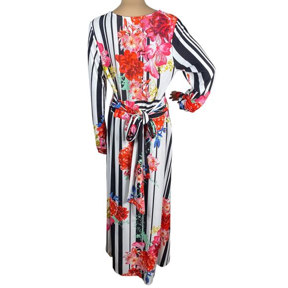 Venus Black White Striped Floral Belted High-Low Duster Tunic Top SZ L - Picture 9 of 11